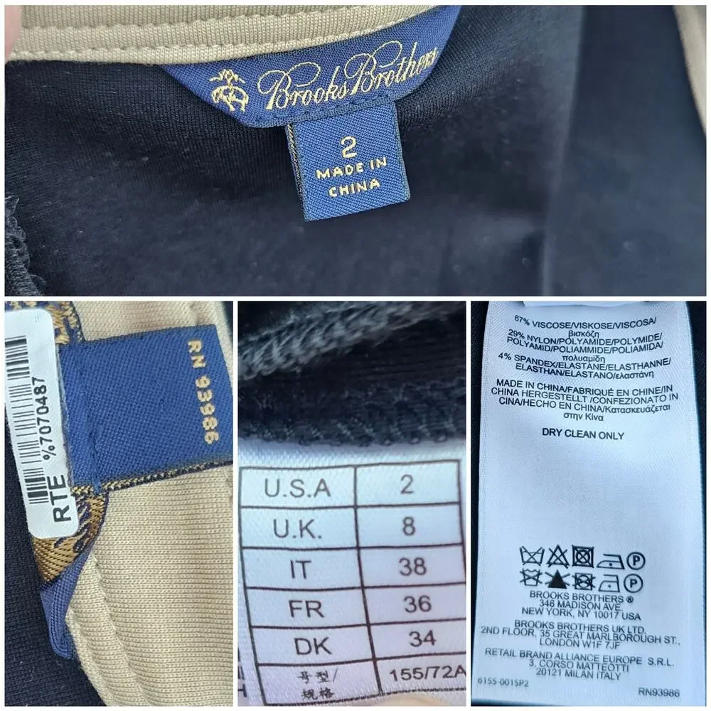 Black Knit Dress Tan Contrast Trim Epaulet Brooks Brothers Size 2 Stretch Pocket - Picture 4 of 9